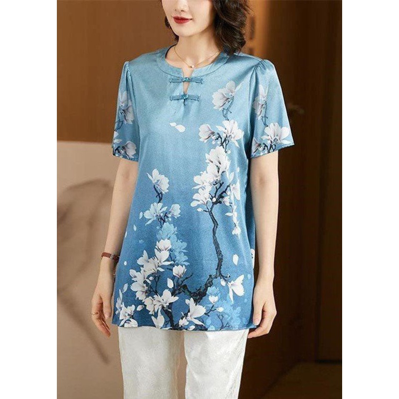 Style Sky Blue O-Neck Oriental Button Floral Print Silk Tank Top Short Sleeve
