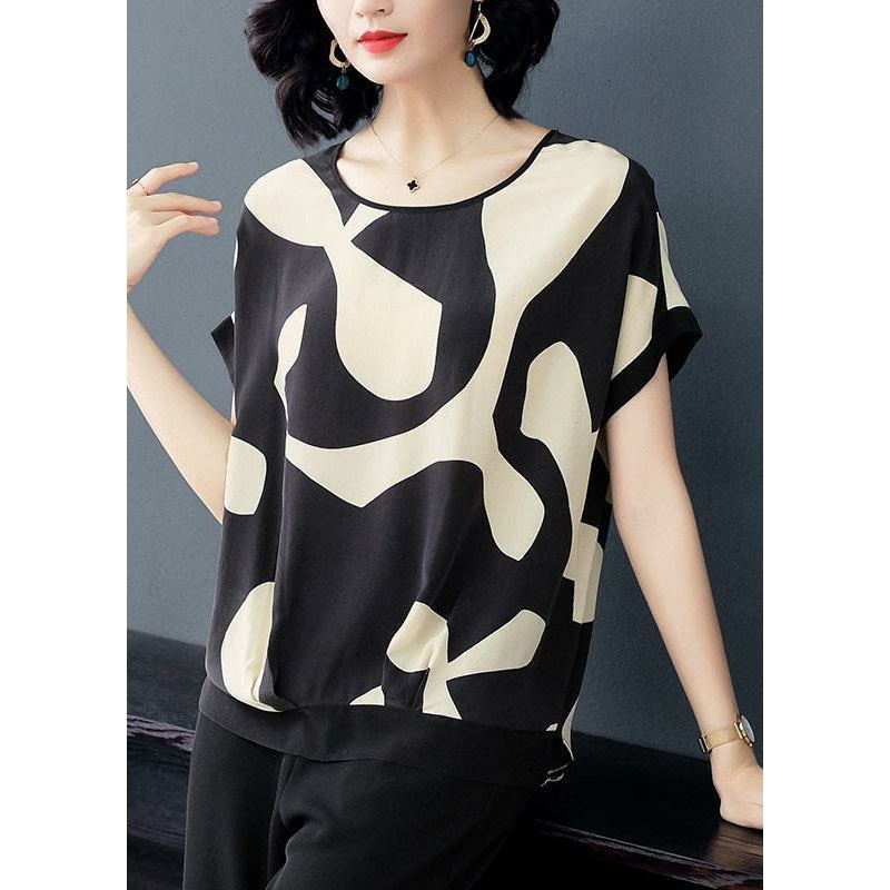 Stylish Black O-Neck Print Low High Design Chiffon Tanks Short Sleeve
