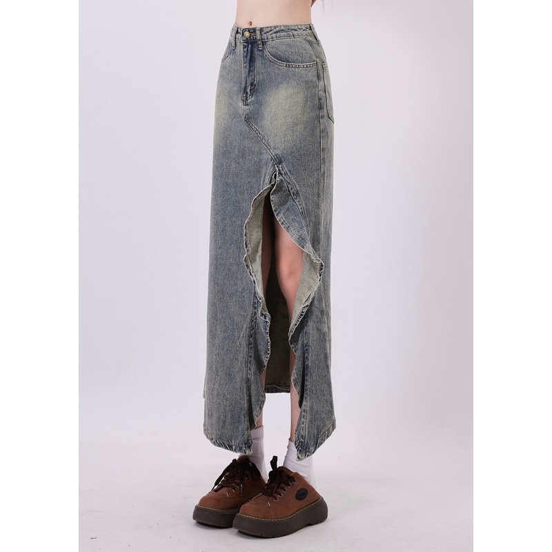 Stylish Blue Asymmetrical Side Open Denim Skirts Spring