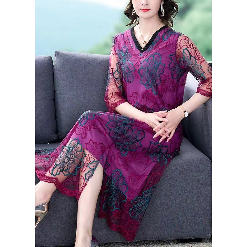 Stylish Purple Embroidered Floral Tulle Maxi Dress Summer