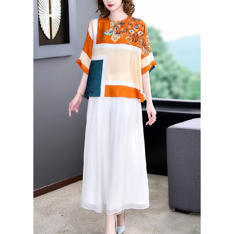 Stylish Yellow O-Neck Print Silk Top And Wide Leg Pants Two Pieces Set Summer