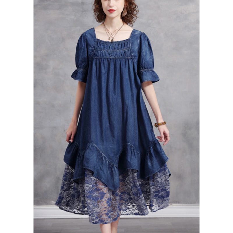 Unique Blue Square Collar Patchwork Lace Cotton Denim Dress Short Sleeve