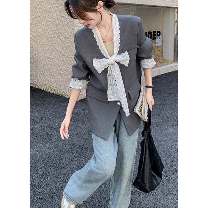 Unique Grey Oversized Patchwork Lace Coats Spring