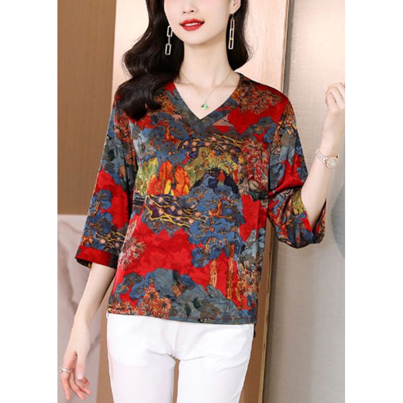 Unique Red V Neck Print Silk Blouse Tops Half Sleeve