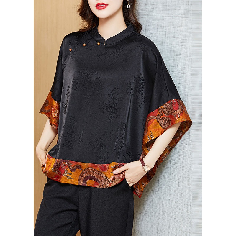Vintage Black Mandarin Collar Asymmetrical Patchwork Jacquard Silk Shirts Batwing Sleeve