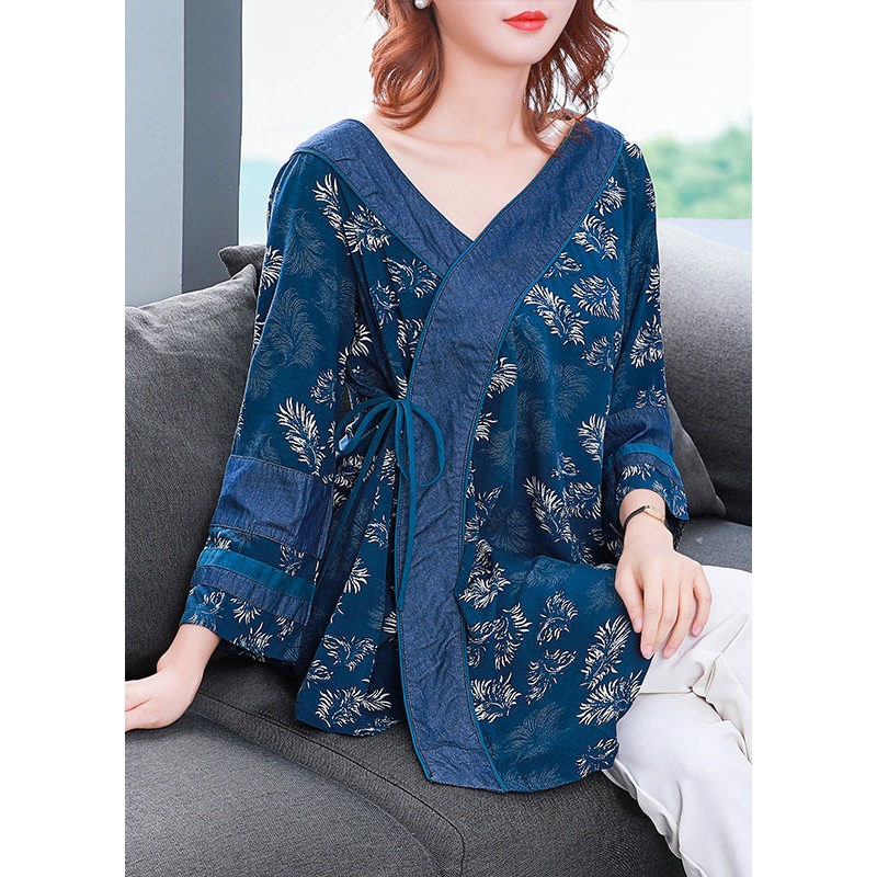 Vintage Blue V Neck Asymmetrical Print Cotton Shirt Top Bracelet Sleeve