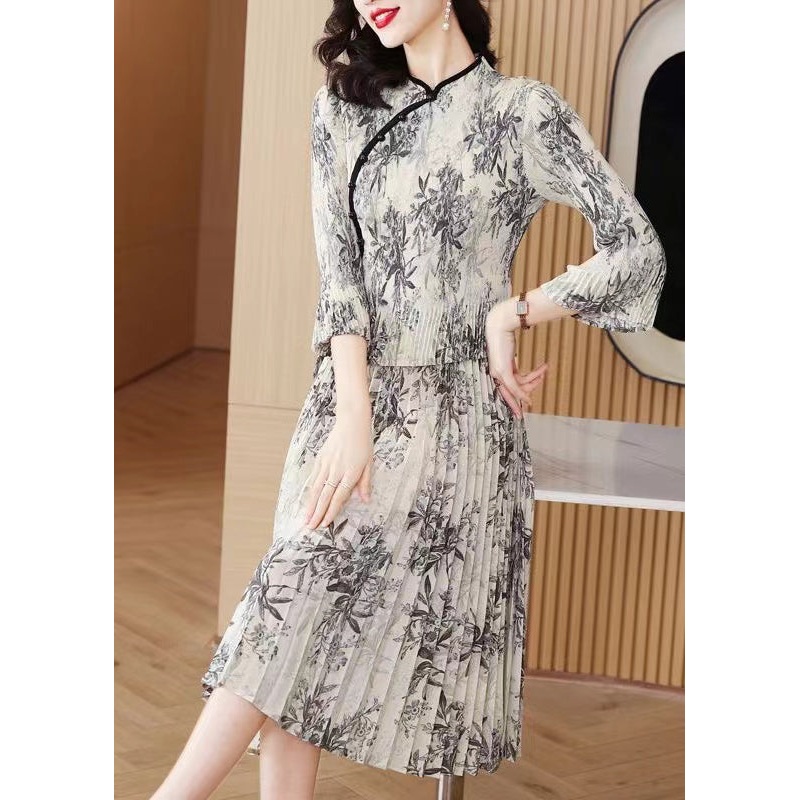 Vintage Grey Print Chiffon Oriental Dress Summer