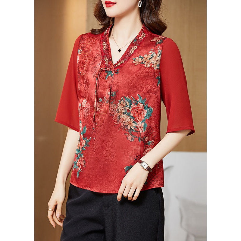 Vintage Red V Neck Embroideried Patchwork Silk Blouse Top Half Sleeve