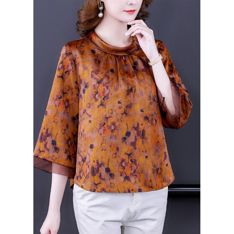 Vintage Yellow Stand Collar Zippered Print Silk Shirts Bracelet Sleeve