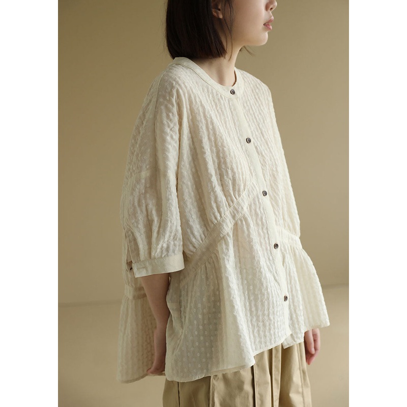 Women Beige O-Neck Oversized Wrinkled Shirt Top Bracelet Sleeve