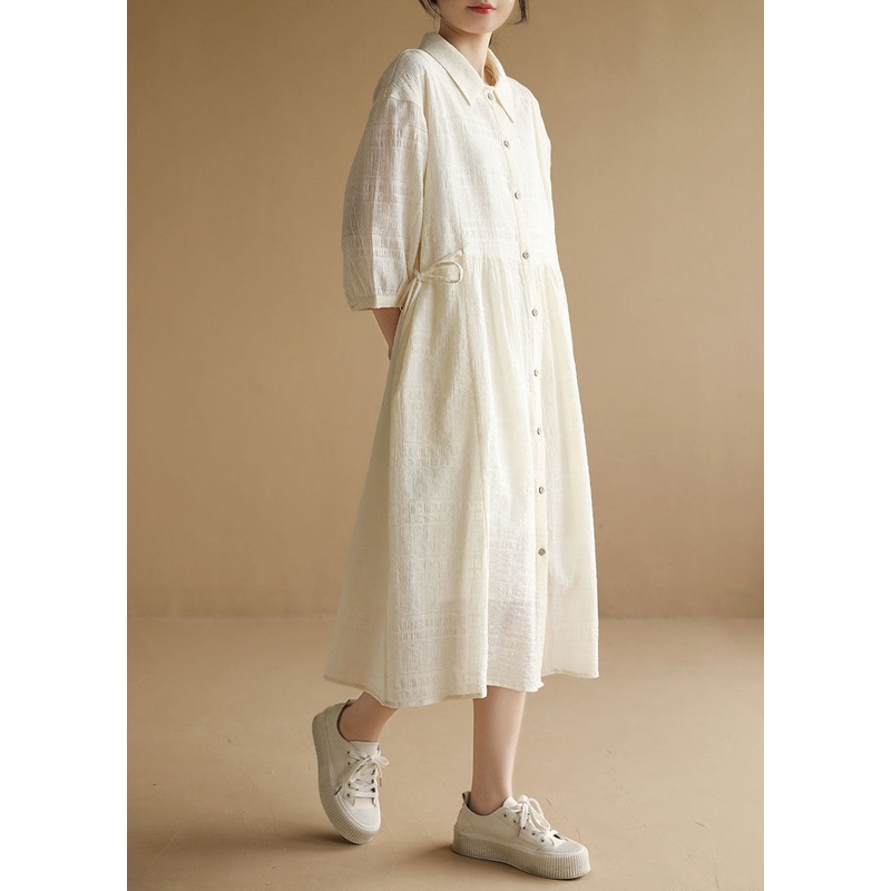 Women Beige Peter Pan Collar Wrinkled Drawstring Long Dresses Bracelet Sleeve