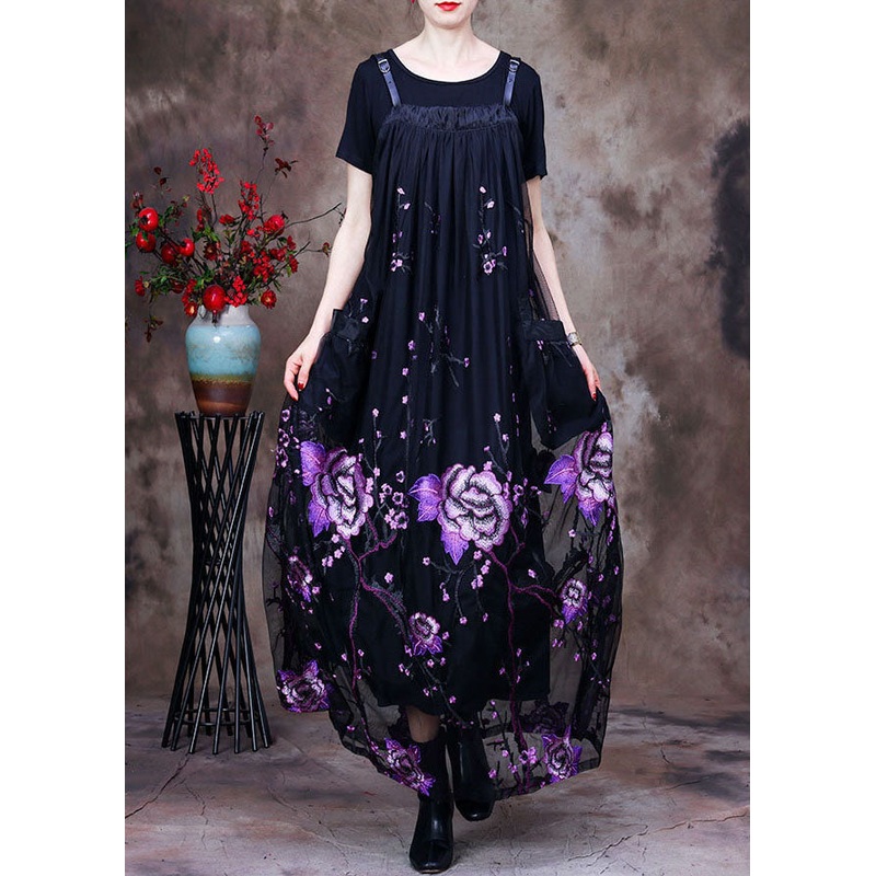 Women Black Floral Embroideried Pockets Lace Two Pieces Set Summer