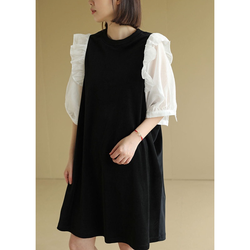 Women Black O-Neck Patchwork Ruffles Velour A Line Dress Half Sleeve