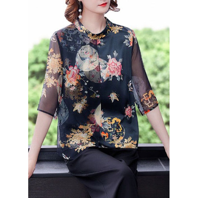 Women Black Stand Collar Button Print Tulle Patchwork Silk Shirt Top Half Sleeve