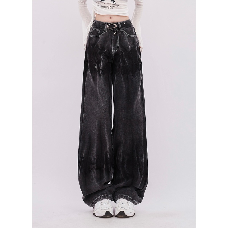 Women Black Tie Dye Denim Straight Pants Spring