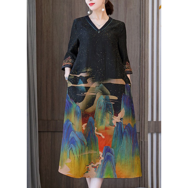 Women Black V Neck Embroideried Print Silk Long Dresses Half Sleeve