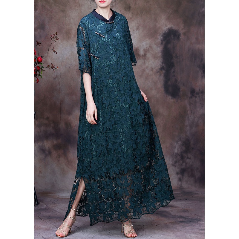 Women Green Button Embroideried Side Open Lace Long Dress Half Sleeve