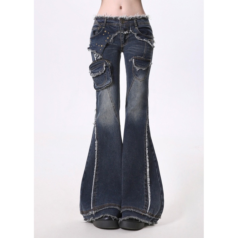 Women Navy Tasseled Patchwork Pockets Denim Flare Bottoms Pants Spring