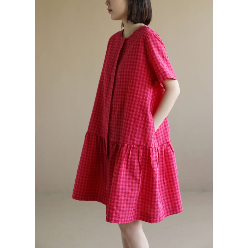 Women Red O-Neck Plaid Patchwork Cotton Mid Dresses Short Sleeve