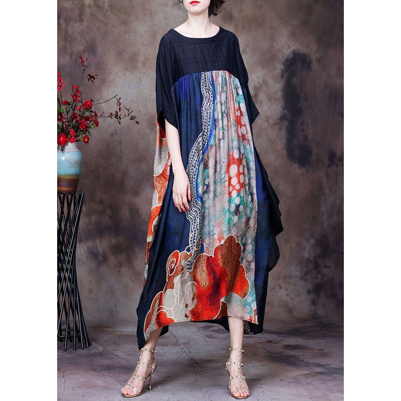 Women Red Print O-Neck Patchwork Silk Loose Long Dress Batwing Sleeve