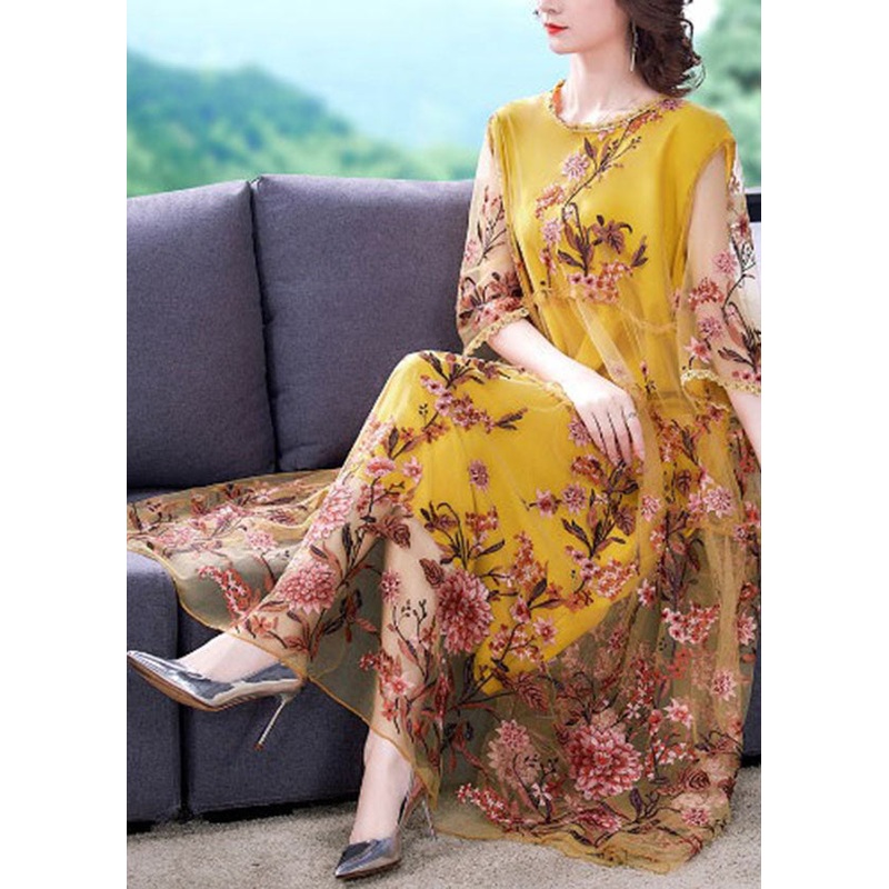 Women Yellow Embroideried Hollow Out Tulle Vacation Dresses Half Sleeve