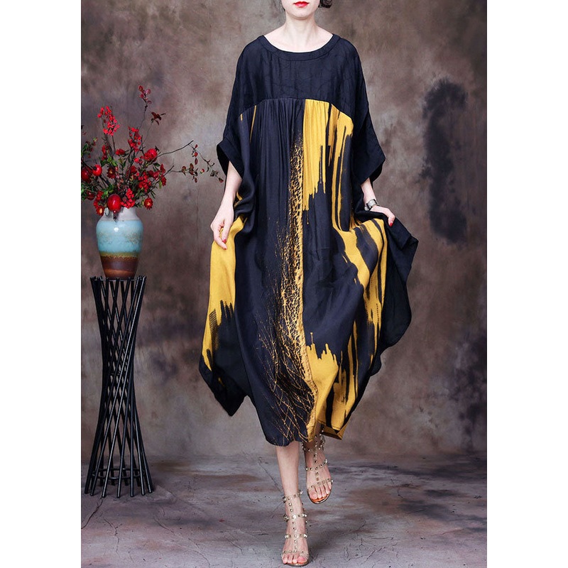 Yellow Print Chiffon Loose Beach Dresses O-Neck Wrinkled Batwing Sleeve
