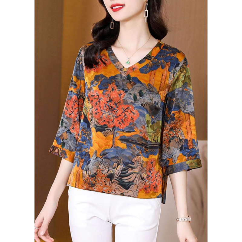 Yellow Print Silk Shirt Top V Neck Half Sleeve