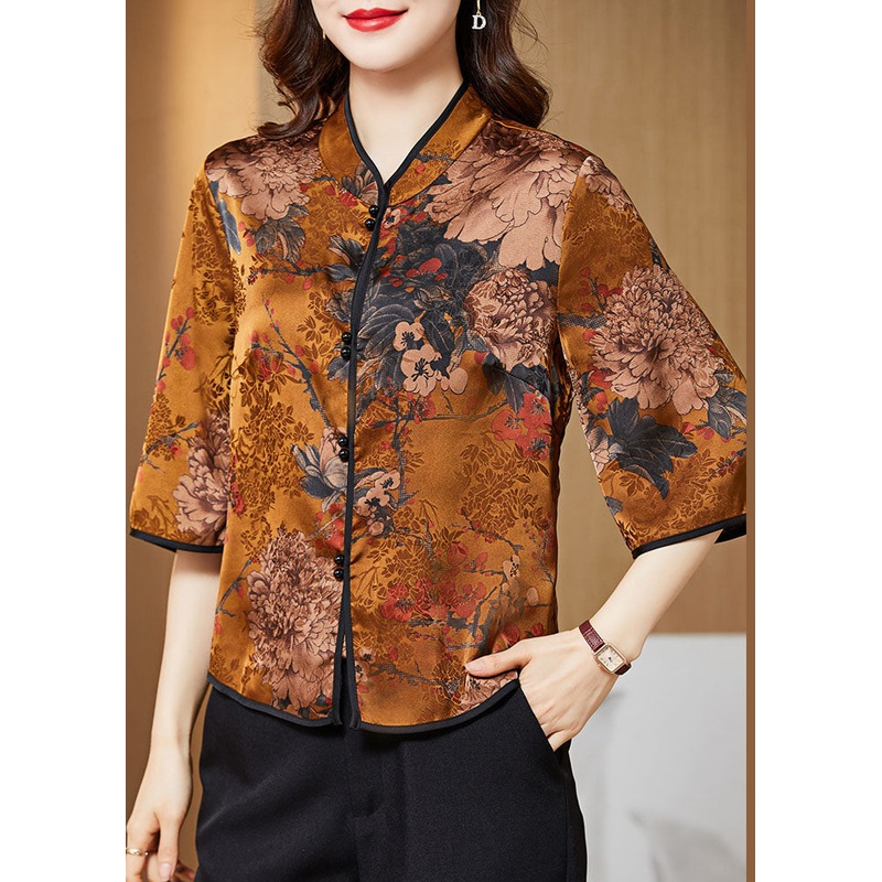Yellow Print Silk Shirt Tops Stand Collar Button Half Sleeve
