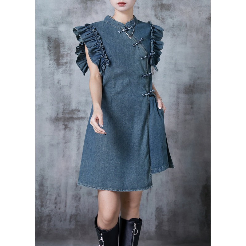 Art Blue Ruffled Chinese Button Denim Two Pieces Set Summer