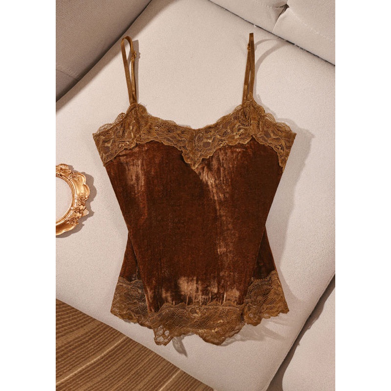 Art Brown Lace Patchwork Silk Velour Strapless Tops Spring