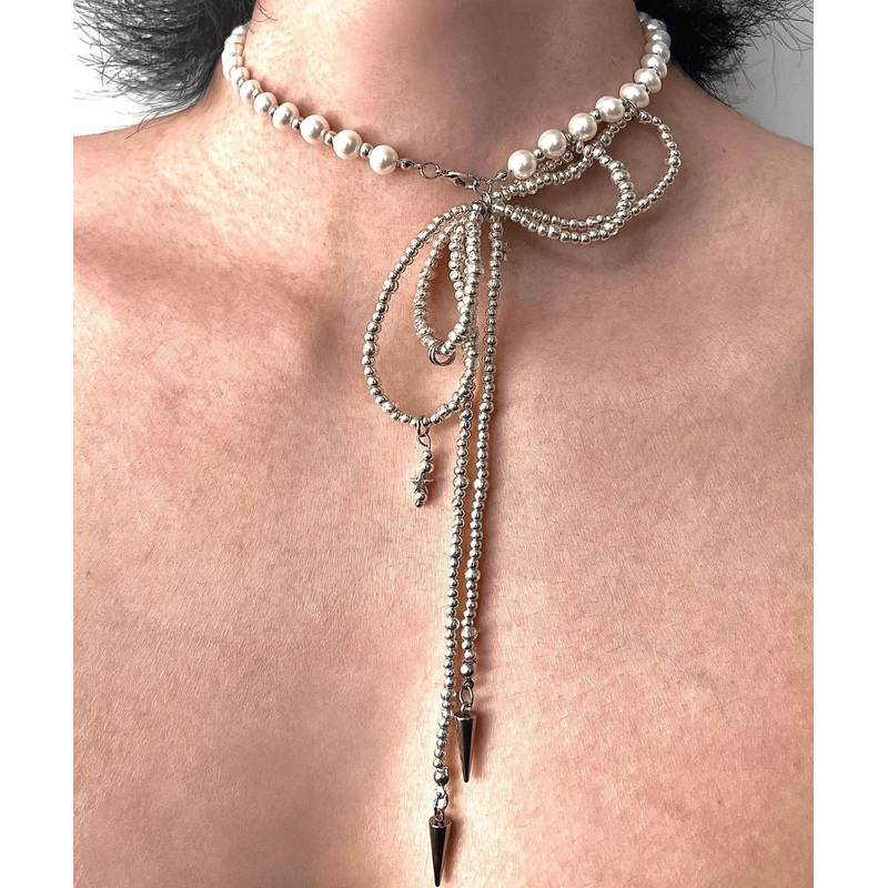 Art Silk Stainless Steel Pearl Bow Tie Lac Pendant Necklace