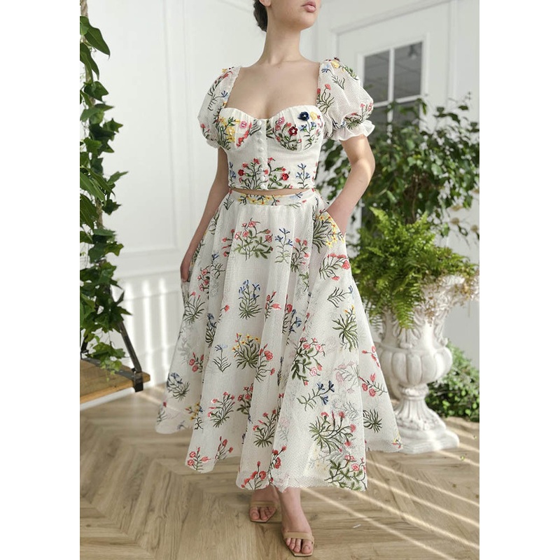 Art White Embroidered Hollow Out Pockets Cotton Two Piece Set Summer