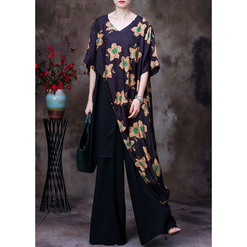 Art Yellow Print Asymmetrical Design Silk Top And Wide Leg Pants Two-Piece Set Short Sleeve