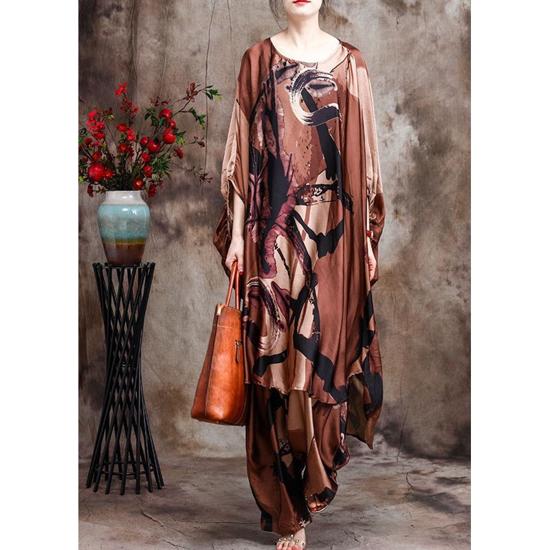 Baggy Coffee Print Silk Dress And Wide Leg Pants Two Piece Suit Set Batwing Sleeve