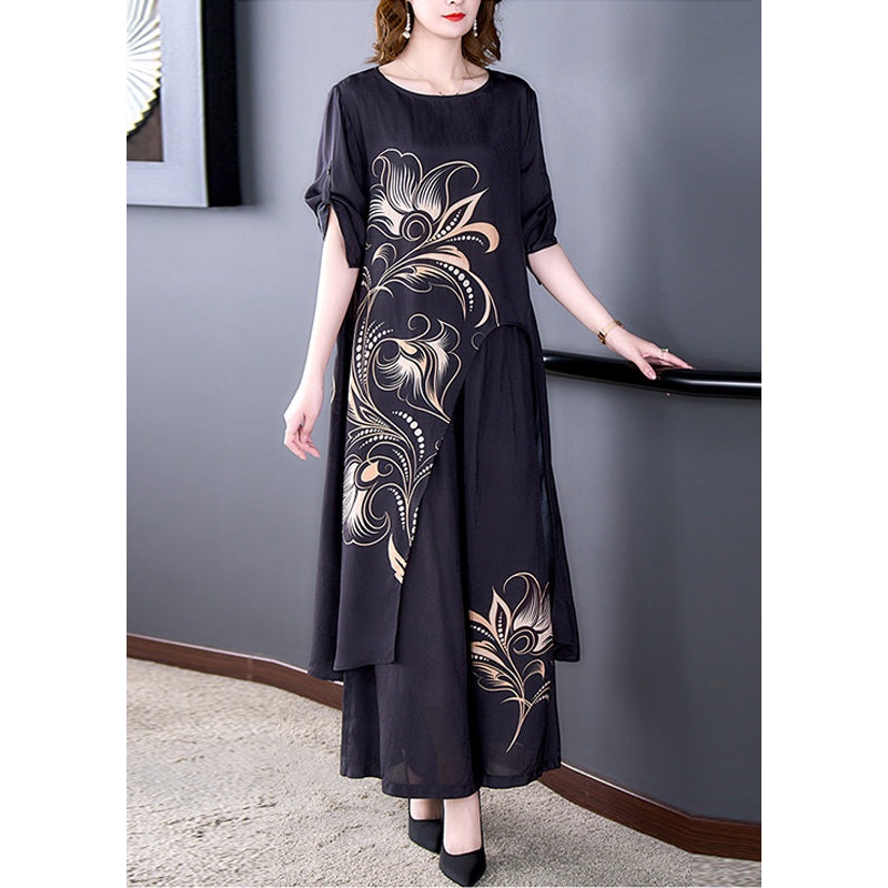 Beautiful Black Asymmetrical Print Chiffon Top And Wide Leg Pants Two-Piece Set Summer