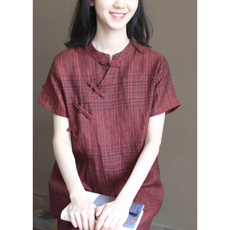 Beautiful Dark Red Plaid Stand Collar Chinese Style Button Linen A Line Dresses Short Sleeve