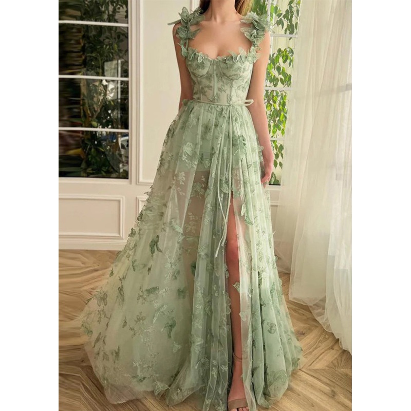 Beautiful Green Butterfly Side Open Tulle Maxi Dresses Sleeveless