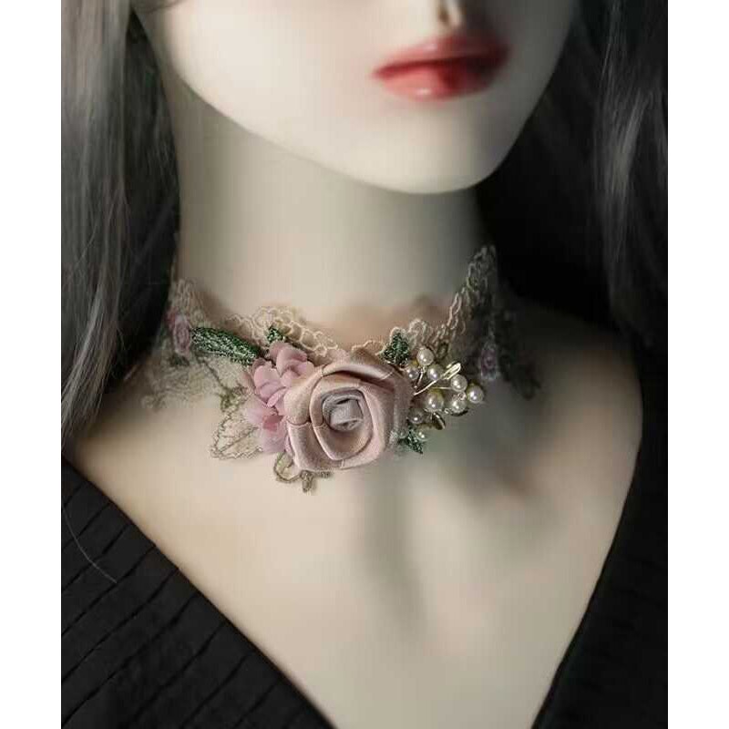 Beautiful Pink Alloy Pearl Lace Floral Necklace