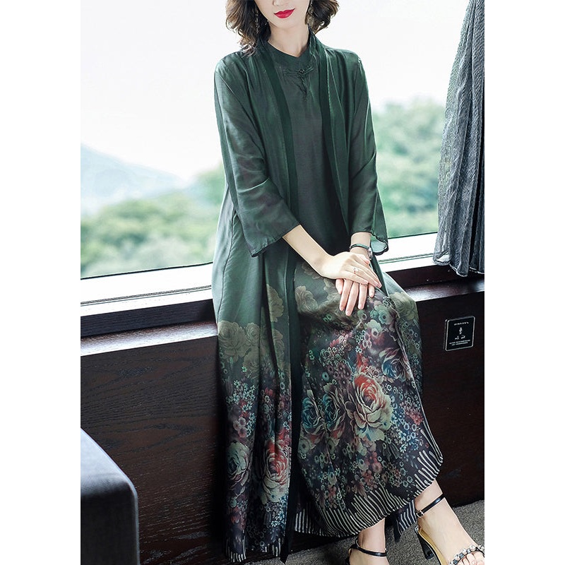Blackish Green Print Silk Cardigans And Long Dress Two Pieces Set Button Spring