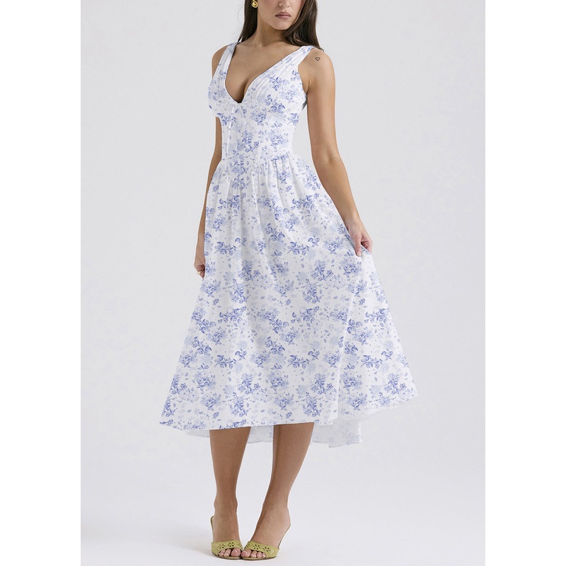 Blue Print Pockets Cotton Sleeveless Dress V Neck