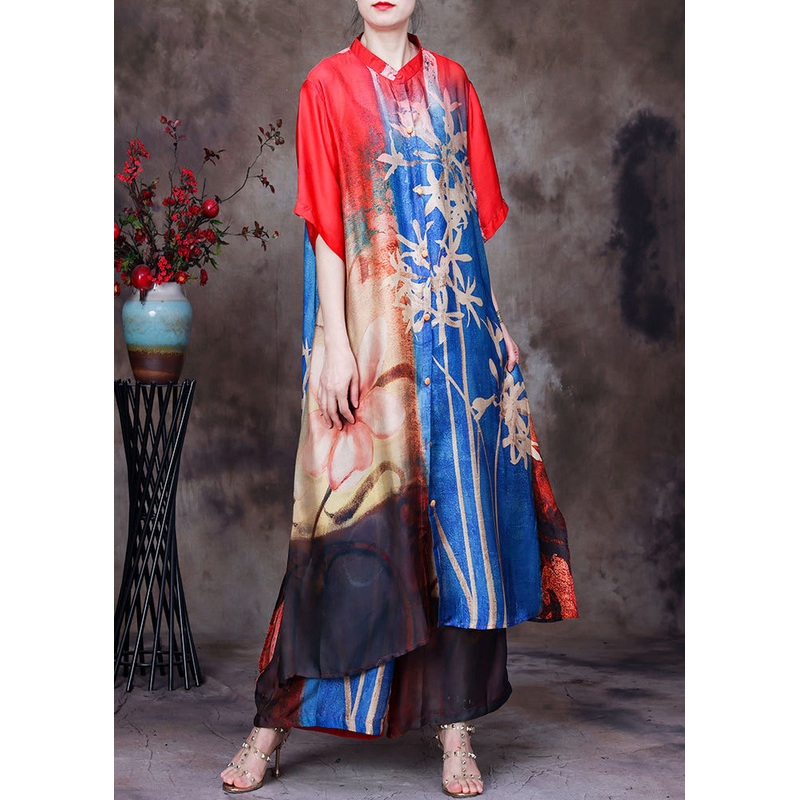 Bohemian Colorblock Stand Collar Button Print Side Open Silk Long Shirt And Wide Leg Pants 2 Piece Outfit Short Sleeve
