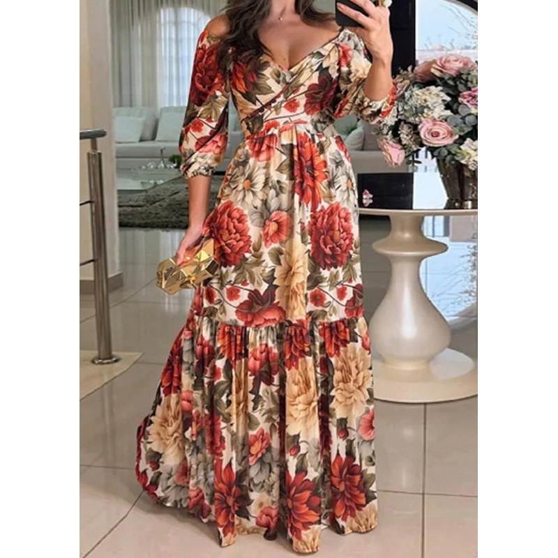 Bohemian Photo Color V Neck Print Cotton Long Dresses Bracelet Sleeve