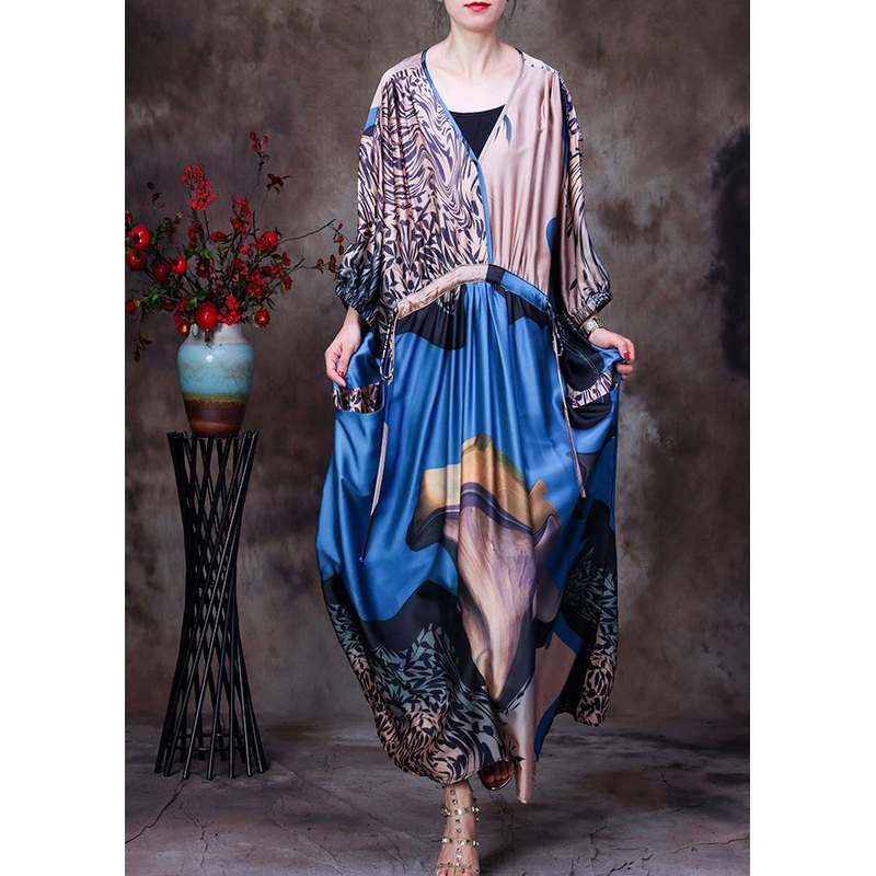 Boho Blue V Neck Patchwork Print Drawstring Pockets Silk Dress Long Sleeve