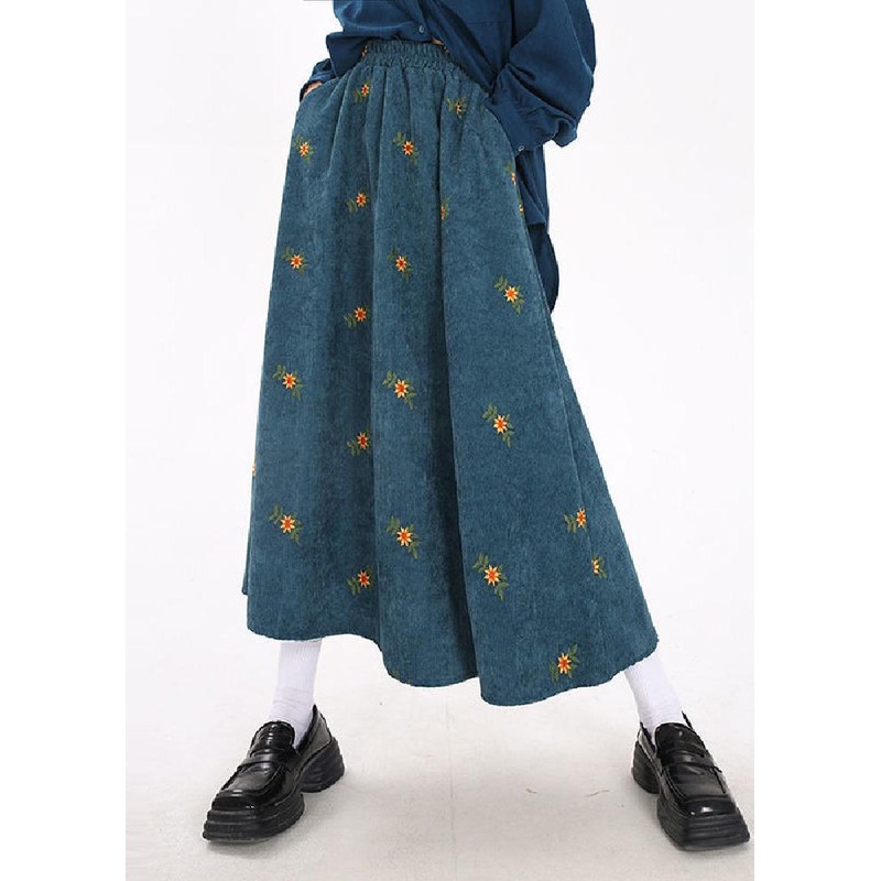 Boho Peacock Blue Embroidered Corduroy Skirts Spring