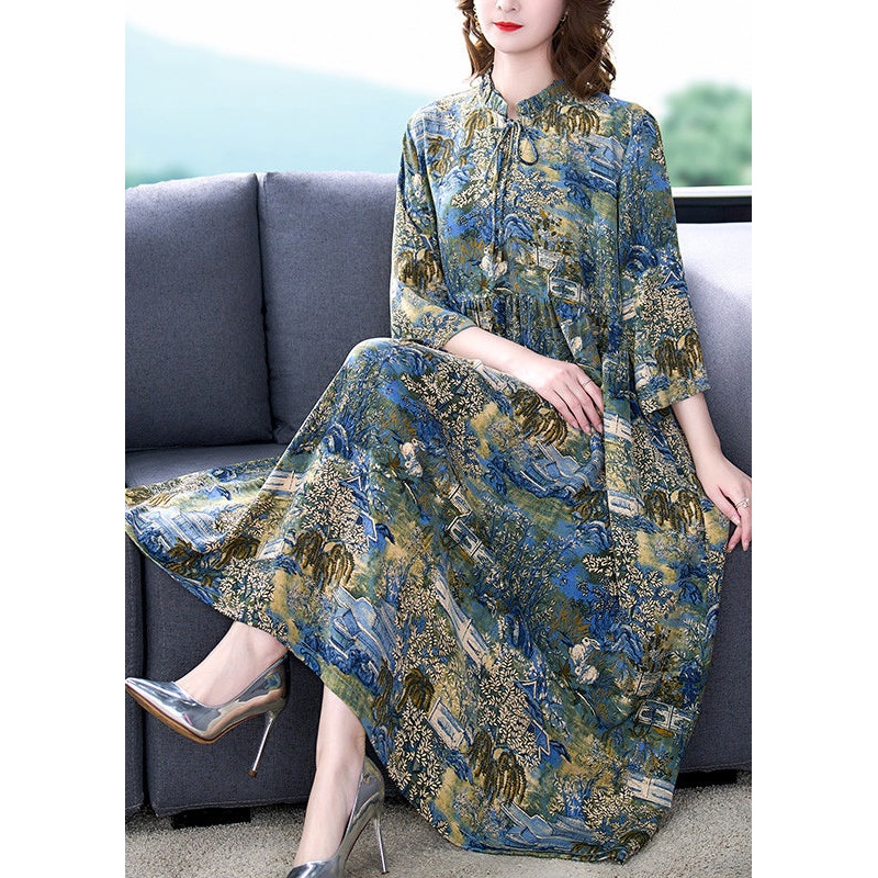 Boutique Stand Collar Wrinkled Print Chiffon Party Dress Summer