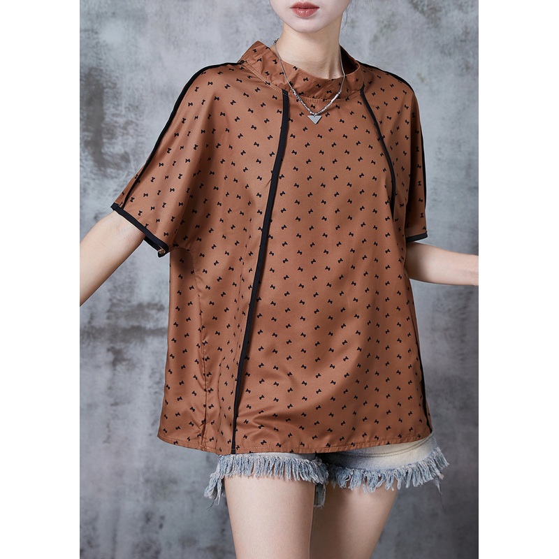 Casual Brown Stand Collar Print Cotton Tanks Summer