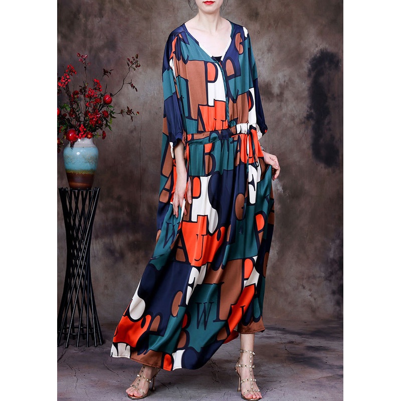 Casual Colorblock V Neck Drawstring Letter Print Chiffon Long Dresses Summer