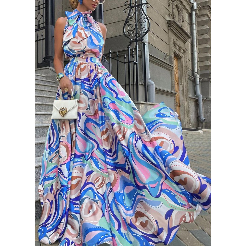 Chic Blue Bow Print High Waist Cotton Maxi Dress Summer
