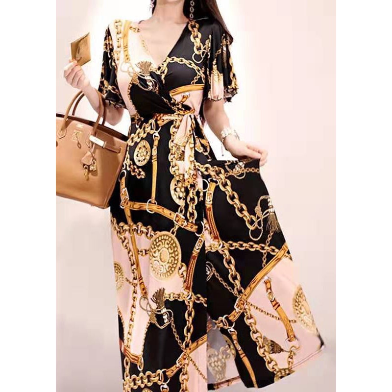Chic Gold V Neck Print Lace Up Cotton Long Dresses Summer