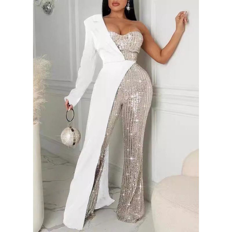 Chic White Asymmetrical Sequins Patchwork Jumpsuit Spring